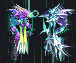 ambiguous_gender big_hands duo eye_contact looking_at_another multicolored_body neon rainbow_body simple_background sparklefur toony unusual_anatomy wire ash_garm deltarune undertale_(series) darkner werewerewire werewire colorful_theme