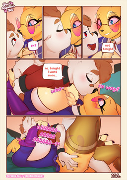 anthro anthrofied big_breasts blue_eyes breasts clothing dialogue eyewear feet female fur glasses grope huge_breasts kissing male male/female mane school_uniform text toes undressing_another uniform yellow_body yellow_fur conditional_dnp yourdigimongirl bandai_namco digimon digi_(yourdigimongirl) leo_(yourdigimongirl) canid canine canis digimon_(species) domestic_dog mammal renamon 2025 comic digital_media_(artwork) english_text hi_res url