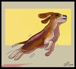 abstract_background after_transformation ambiguous_gender beagle brown_body brown_fur canid canine canis domestic_dog feral fur hi_res hunting_dog jumping male_(lore) mammal professor_scritch running scent_hound signature solo theother-side