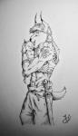 ambiguous_gender anthro baby belt duo male melee_weapon scar sword tattoo warrior weapon young young_anthro dagootter felid feline lynx mammal graphite_(artwork) hi_res monochrome traditional_media_(artwork)