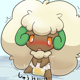 ambiguous_gender bed bedding blush bodily_fluids chibi clothing diaper feral furniture genital_fluids kemono open_mouth pattern_diaper pull-ups_(diaper) shaking sitting solo tears text trembling unclean_diaper urine used_diaper wet_diaper wetting white_diaper milklemon5127 nintendo pokemon generation_5_pokemon pokemon_(species) whimsicott 1:1 japanese_text