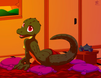anthro bedding blanket breasts butt container cup door female grey_body grey_scales grey_tail inside light long_tail looking_at_viewer lying multicolored_body multicolored_scales nipples non-mammal_breasts non-mammal_nipples nude open_mouth pillow pottery red_eyes scales seductive sharp_teeth small_breasts smile solo sun sunset tail tea_cup teapot teeth tongue two_tone_body two_tone_scales window yellow_body yellow_scales young young_anthro sogaroth ellie_(sogaroth) alligator alligatorid crocodilian reptile scalie 2016 absurd_res digital_media_(artwork) hi_res