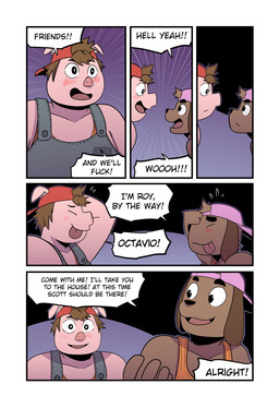 anthro awkward_silence backwards_baseball_cap backwards_hat baseball_cap blep brown_body brown_hair clothing dialogue excited eye_contact eyes_closed hair hand_behind_head hat headgear headwear looking_at_another male orange_clothing orange_shirt orange_topwear overalls pink_body pink_clothing pink_hat pink_headwear red_clothing red_hat red_headwear shirt text tongue tongue_out topwear t0l0k octavio_(t0l0k) roy_(t0l0k) canid canine canis domestic_dog domestic_pig mammal suid suine sus_(pig) comic english_text hi_res multiple_scenes