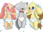 anthro blue_eyes blush chest_tuft clothing collar diaper fur green_eyes grey_body grey_fur hat headgear headwear long_ears lying male navel on_back open_mouth pink_eyes shota tuft yellow_body yellow_fur young chrono_(pixiv) chrome_(character) canid canine mammal 2016 4:3