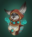 anthro ear_piercing ear_ring female hood hood_up looking_at_viewer orbs piercing ring_piercing simple_background smile solo conditional_dnp esealia blizzard_entertainment warcraft sekna canid mammal vulpera absurd_res hi_res portrait