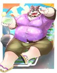 anthro bottomwear bulge clothing eyewear footwear humanoid_hands kemono male overweight overweight_male sandals shirt shoes shorts sitting solo sunglasses topwear yamacon0105 lifewonders live_a_hero viscunam mammal procyonid raccoon 2023 hi_res