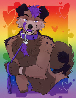 anthro black_body black_fur brown_body brown_fur dark_body dark_fur fur hair heart_symbol lgbt_pride licking licking_lips looking_at_viewer male open_mouth pride_colors pulling_own_leash purple_body purple_eyes purple_fur purple_hair purple_tongue smile solo suggestive_look tail tongue tongue_out bluezeru rydgedshep_(character) canid canine canis domestic_dog german_shepherd herding_dog mammal pastoral_dog hi_res