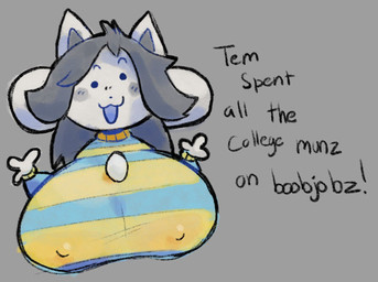 anthro big_breasts breasts clothing exclamation_point female grey_hair hair huge_breasts nipple_outline open_mouth solo sweater text topwear white_body darksydeup undertale undertale_(series) temmie_(undertale) mammal tem english_text