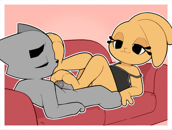 anthro anthro_on_anthro biped black_clothing breasts clothed clothing duo eyelashes feet female foot_fetish foot_on_face foot_play footjob furniture genitals grey_body loli male nude penis pupils sex smile sofa soles toes young gaturo domestic_cat felid feline felis lagomorph leporid mammal rabbit hi_res