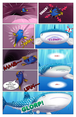 blue_body countershading dialogue duo eyes_closed female feral fin humor ill inside_mouth light light_beam nausea open_mouth oral_vore sunbeam sunlight swallowing swallowing_sound_effect tail tail_fin text throat tongue underwater vore water wide_eyed kazuo_ichigama disney finding_dory finding_nemo pixar destiny_(finding_dory) dory_(finding_nemo) carpet_shark fish marine shark whale_shark 2025 comic english_text hi_res