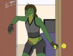 anthro bottomwear brown_hair clothing erection femboy fingerless_gloves genitals gloves hair handwear humanoid_genitalia humanoid_penis long_hair looking_at_viewer male penis shorts solo yellow_eyes dr_zombie russie alligator alligatorid crocodilian reptile scalie