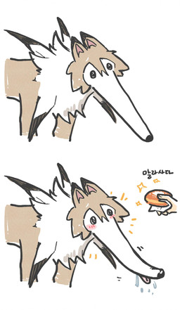 ambiguous_gender black_body black_ear_tips black_fur bodily_fluids dipstick_ears disembodied_hand drooling duo ear_markings emanata feral front_view fur holding_object long_snout looking_at_object looking_at_viewer markings monotone_body monotone_fur multicolored_ears offscreen_character pink_inner_ear rosy_cheeks saliva simple_background snout solo_focus sparkles tan_body tan_fur text tongue tongue_out white_background white_body white_fur ryeono_kemo nintendo pokemon canid generation_7_pokemon lycanroc mammal midday_lycanroc pokemon_(species) 2026 absurd_res comic digital_drawing_(artwork) digital_media_(artwork) half-length_portrait hi_res korean_text one_page_comic portrait translated