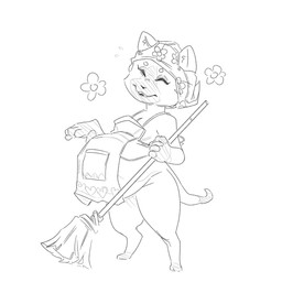anthro apron belly broom cleaning_tool clothing female simple_background solo white_background grindaviking capcom monster_hunter domestic_cat felid feline felis felyne lynian mammal palico 1:1 2019 monochrome