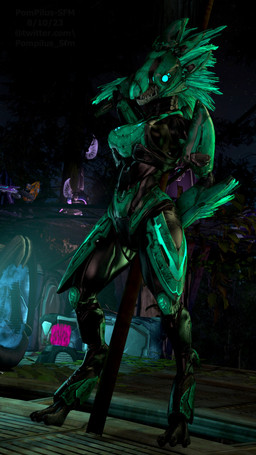 3_toes anthro arm_feathers arm_tuft armor blue_eyes breasts dark digitigrade face_covered feather_hair feathered_crest feathers feet female full_armor glowing glowing_eyes grey_body grey_scales hand_behind_back hand_behind_head head_crest headgear helmet non-mammal_breasts pole pseudo_hair scales sharp_teeth solo spurs_(anatomy) teeth toes tuft pompilus-sfm pickle_juice_(modeler) halo_(series) microsoft xbox_game_studios alien avian kig-yar scalie t'vaoan 3d_(artwork) 4k 9:16 absurd_res colored digital_media_(artwork) hi_res