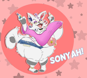 anthro areola areola_slip bell bell_collar blue_body blue_fur bottomwear clothing collar crop_top denim denim_bottomwear denim_clothing denim_shorts dipstick_tail ear_piercing ear_tuft female fur gesture hand_gesture markings middle_finger nipple_piercing nipples panties piercing pink_clothing pink_crop_top pink_shirt pink_topwear pose red_body red_fur ring sharp_teeth shirt shorts shortstack solo star tail tail_markings teeth text tongue tongue_out topwear tuft underwear white_body white_fur yellow_eyes unknown_artist sonyah_p._catworth domestic_cat felid feline felis mammal english_text hi_res