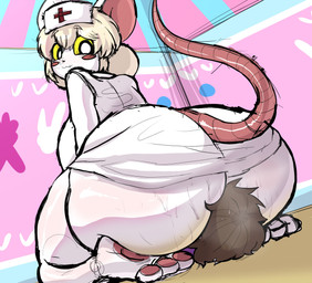 anthro big_butt black_eyes blonde_hair blush bodily_fluids bottom_heavy breasts butt butt_smother claws clothing dominant dominant_female duo facesitting female female_facesitting_male fur hair hat headgear headwear male male/female nurse nurse_clothing nurse_headwear pawpads paws sitting_on_another smile smothering sweat sweaty_butt tail white_body white_fur yellow_eyes da_ra_ra_ra terrible_mouse lorna_(terrible_mouse) house_mouse human mammal mouse murid murine rodent absurd_res hi_res