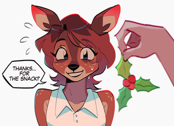 ambiguous_gender anthro black_nose bodily_fluids brown_body brown_fur brown_hair clothed clothing dialogue duo eyebrows eyelashes female freckled_face freckled_shoulders freckles fur hair holly_(plant) long_eyelashes looking_at_viewer plant shirt short_hair simple_background smile speech_bubble sweat text topwear white_background merenge merenge_(character) deer mammal 2025 absurd_res english_text hi_res