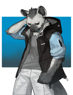 anthro black_hair blue_hair clothed clothing collar ear_piercing eyebrow_piercing facial_piercing fur grey_body grey_fur hair hood_down jacket looking_away male multicolored_hair open_clothing open_jacket open_topwear piercing shirt solo tail topwear tuft two_tone_hair o_tout0 arknights hypergryph studio_montagne spot_(arknights) hyena mammal spotted_hyena 2026 absurd_res digital_media_(artwork) hi_res