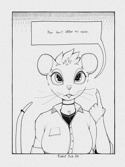 anthro buckteeth choker claws clothed clothing dialogue female front_view fur gesture hair hand_gesture jewelry looking_at_viewer necklace pointing pointing_up solo speech_bubble teeth text whiskers gompami mammal murid murine rat rodent 2026 3:4 absurd_res english_text hi_res monochrome