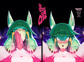 anthro blowjob_face bodily_fluids dripping duo fellatio female genitals green_body green_hair hair heart_eyes heart_symbol licking male male/female musk musk_clouds musky_penis navel oral penile penis penis_lick saliva saliva_drip saliva_on_penis saliva_string sex steam steamy_penis sweat sweaty_genitalia tongue tongue_out tongue_out_fellatio catcouch conditional_dnp annie_and_the_mirror_goat annie_hole sparky_vixult canid canine fox mammal hi_res