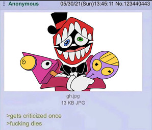 ambiguous_gender blue_eyes bow_tie clothing crossed_arms detachable detachable_head eyelashes for_a_head gloves green_eyes greentext_(format) group handwear hat headgear headwear heterochromia holding_head holding_object humor male open_mouth parody profanity red_clothing red_suit shitpost spiral spiral_eyes spoiler suit teeth text tongue trio yellow_eyes yellow_teeth sr_pelo 4chan disney glitch_productions pixar ratatouille the_amazing_digital_circus caine_(tadc) jax_(tadc) zooble_(tadc) digital_creature humanoid lagomorph leporid living_toy mammal object_head rabbit tooth_creature 2026 bust_portrait digital_media_(artwork) english_text meme portrait redraw nonbinary_(lore)