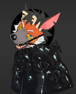 annoyed anthro antlers bdsm belt_buckle black_background black_body black_bodysuit black_clothing black_fur black_latex black_skinsuit blue_eyes bodily_fluids bodysuit buckle clothing dripping drooling fangs fur gag gagged green_eyes grey_background grey_body grey_fur hands_behind_back harness heterochromia horn latex latex_bodysuit latex_clothing latex_harness latex_skinsuit looking_at_viewer male male_anthro multicolored_body multicolored_fur open_mouth orange_body orange_fur orange_sclera ring_gag saliva saliva_drip simple_background skinsuit solo submissive submissive_anthro submissive_male teeth tight_clothing white_body white_fur lukst hybrid mammal hi_res