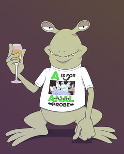 3_toes alcohol anthro beverage bottomless closed_smile clothed clothing eyestalks feet green_body half-closed_eyes holding_glass holding_object looking_at_viewer male mouth_closed narrowed_eyes print_clothing print_shirt print_t-shirt print_topwear shirt shirt_only simple_background smile solo t-shirt t-shirt_only text toes topwear topwear_only white_clothing white_shirt white_t-shirt white_topwear anti_dev pleembo_(anti_dev) alien 2023 digital_drawing_(artwork) digital_media_(artwork) english_text hi_res
