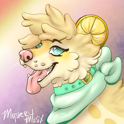 ambiguous_gender breath collar feral fur kerchief neckerchief neckwear panting pink_tongue solo teal_eyes tongue tongue_out yellow_body yellow_fur mysterymusix lemondog canid canine canis domestic_dog mammal 1:1 absurd_res hi_res
