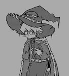 1_eye ambiguous_gender cape clothed clothing eyewear fingertips_touching fully_clothed glasses grey_background hair halftone hat headgear headwear humanoid_pointy_ears index_to_index legwear magic_user not_furry pointy_ears simple_background simple_eyes solo spiky_hair text thigh_highs witch witch_hat pough dragon_hilt nami_(dragon_hilt) animate_inanimate human living_clothing mammal digital_media_(artwork) english_text hi_res monochrome