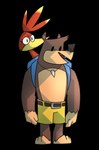 anthro backpack beak bottomwear brown_body brown_fur clothing duo feathers female feral fur green_eyes male pants red_body red_feathers shark_tooth_necklace simple_eyes yellow_beak yellow_body yellow_bottomwear yellow_clothing yellow_feathers yellow_pants potoobrigham banjo-kazooie rareware banjo_(banjo-kazooie) kazooie avian bear bird breegull mammal 2019 alpha_channel hi_res