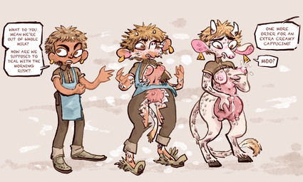 anthro blonde_hair bodily_fluids bovine_teats bovine_udders breasts clothing dialogue female forced forced_transformation gender_transformation growth hair holding_breast horn human_to_anthro lactating male milk mtf_transformation nipples offscreen_character open_mouth projectile_lactation solo species_transformation standing tail tail_tuft teat_growth teat_lactation teat_milking teats text three_frame_sequence torn_clothing transformation transformation_sequence tuft udder_growth udder_lactation udder_milking udders bubbalossom bovid bovine cattle human mammal absurd_res digital_media_(artwork) english_text hi_res sequence