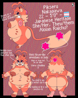 abstract_background ahoge anthro balls belly_nipples big_breasts big_butt breasts butt darkened_nipples flower food fruit genitals gynomorph hair humanoid_genitalia humanoid_penis intersex lgbt_pride multi_nipple multiple_angles nipples overweight overweight_anthro overweight_gynomorph overweight_intersex penis plant pride_colors short_stack small_penis solo thick_thighs transgender_pride_colors cowprintsoda nintendo pokemon fan_character pikseru_(cowprintsoda) alolan_form alolan_raichu elemental_creature flora_fauna food_creature generation_7_pokemon living_fruit mammal pokemon_(species) regional_form_(pokemon) rodent hi_res model_sheet trans_(lore) trans_woman_(lore)