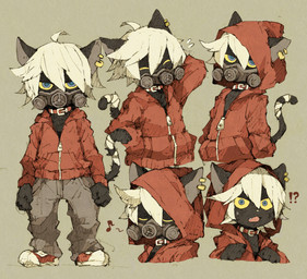 ahoge anthro black_body black_fur black_tail blue_eyes blue_pupils bottomwear clothed clothing collar cute_fangs fangs footwear fully_clothed fur gas_mask grey_bottomwear grey_clothing grey_pants hair hoodie interrobang iris mask open_mouth pants pupils red_clothing red_hoodie red_topwear tail teeth topwear white_hair wraps maniani0122 domestic_cat felid feline felis mammal 2018