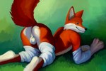 anthro balls butt clothing fur genitals leggings leggings_only legwear looking_at_viewer male nude orange_body orange_fur pose raised_tail simple_background smile solo tail white_body white_fur sylo canid canine fox mammal red_fox true_fox 2022 digital_media_(artwork) pinup