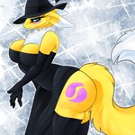 anthro big_breasts blue_eyes breasts butt chest_tuft clothing dress female fluffy fluffy_tail fur glistening glistening_body glistening_skin gloves handwear hat headgear headwear holidays magic_user pose solo sparkles sparkling_background tail thick_thighs tuft witch witch_hat yellow_body yellow_fur cassielink bandai_namco digimon halloween canid canine digimon_(species) mammal renamon absurd_res digital_media_(artwork) digital_painting_(artwork) hi_res pinup sketch