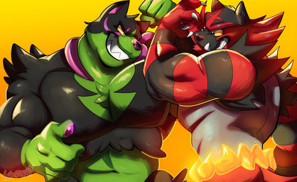anthro biceps black_body black_fur claws duo fire flexing fur green_body green_fur grey_body grey_fur grin looking_at_another male muscular muscular_anthro muscular_male pecs red_body red_fur smile standing yellow_sclera komoroshi nintendo pokemon generation_7_pokemon generation_9_pokemon incineroar legendary_pokemon okidogi pokemon_(species) watermark