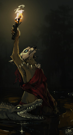 anthro areola areola_slip blue_eyes dark duo_focus female fire glowing glowing_eyes group holding_object holding_torch nipples open_mouth raised_arm standing torch tribal water whiskers kour indi_(indisaurus) canid canine canis crocodile crocodilian jackal mammal reptile scalie 2015 hi_res