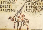 ambiguous_gender coptic_text eating feral grazing horn looking_aside manuscript solo text walking unknown_artist mythology equid equine mammal mythological_creature mythological_equine unicorn 9th_century ancient_art monochrome traditional_media_(artwork)