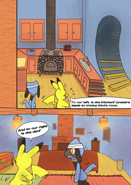 2_panel_comic ambiguous_gender anthro bandage black_text blue_body book bookshelf building cabinet carpet ceiling_lamp cheek_spots chimney dialogue duo exclamation_point eyes_closed fireplace furnace furniture house inside kitchen ladder lamp motion_lines orange_eyes paws red_cheeks speech_bubble stairs tail talking_to_another text walking wall_(structure) white_sclera window yellow_body sawlamander nintendo pokemon pokemon_mystery_dungeon spike_chunsoft generation_1_pokemon generation_4_pokemon pikachu pokemon_(species) riolu 2026 comic english_text hi_res male_(lore)