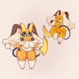 3_toes 4_fingers :3 anthro barely_visible_genitalia barely_visible_vulva belly belly_overhang big_breasts big_butt big_eyes black_nose black_sclera blush blush_stickers breasts brown_body brown_fur bubble_butt butt closed_smile deep_navel eyebrows eyelashes eyes_closed feet female fingers floppy_ears fur genitals grey_background happy huge_butt huge_thighs humanoid_genitalia humanoid_vulva innie_vulva looking_back lop_ears mouth_closed multicolored_body multicolored_fur navel nipples open_mouth open_smile orange_body orange_fur overweight overweight_anthro overweight_female pawpads paws pink_pawpads running simple_background smile standing striped_body striped_fur stripes tail thick_thighs toes vulva white_body white_eyes white_fur wide_hips moogers nintendo pokemon generation_1_pokemon generation_4_pokemon hybrid lopunny pokemon_(species) raichu 1:1 2023 absurd_res digital_media_(artwork) hi_res multiple_images shaded soft_shading