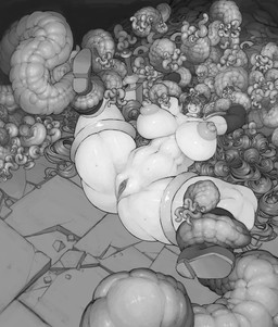 big_breasts breasts captured disarmed duo female genitals imminent_rape imminent_sex melee_weapon muscular nipples not_furry restrained spreading sword tentacles vulva warrior weapon hiroma human mammal monster tentacle_creature greyscale hi_res monochrome