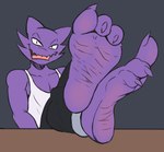 3_toes barefoot blush body_blush claws clothed clothing curling_toes feet foot_blush foot_focus humanoid_feet looking_at_viewer male plantigrade shirt soles solo tank_top toe_claws toes topwear wrinkled_feet wrinkles conditional_dnp zp92 nintendo pokemon elliot_(zp92) generation_1_pokemon haunter humanoid pokemon_(species) absurd_res hi_res