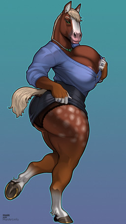 5_fingers anthro areola areola_slip big_breasts big_butt biped blue_clothing blue_sweater blue_topwear bottomwear breasts brown_body brown_breasts brown_butt brown_ears brown_face brown_fur brown_hands butt cleavage clothed clothing dappled_fur eyebrows eyelashes feet female fingerless_(marking) fingers fur furgonomics gradient_background green_eyes grey_bottomwear grey_clothing grey_feet grey_hooves grey_skirt hooves horseshoe huge_breasts huge_butt iris jewelry lips mane markings monotone_bottomwear monotone_breasts monotone_clothing monotone_feet monotone_mane monotone_skirt monotone_sweater monotone_tail monotone_topwear multicolored_body multicolored_butt multicolored_face multicolored_fur multicolored_hands necklace on_one_leg panties pink_areola pink_lips pupils ring short_fur side_view simple_background skirt snout solo spots spotted_body spotted_fur standing sweater tail tail_through_skirt tan_eyebrows tan_mane tan_tail topwear two_tone_body two_tone_butt two_tone_face two_tone_fur two_tone_hands underwear white_body white_butt white_face white_fur white_hands white_spots mariart freya_(stormwolf) belgian_draft_horse draft_horse equid equine horse mammal 2021 9:16 digital_media_(artwork) full-length_portrait hi_res portrait