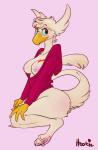 anthro areola barefoot beak biped blue_sclera bottomless breasts clothed clothing exposed_breasts feathers feet female hair hindpaw hoodie looking_at_viewer nipples non-mammal_breasts non-mammal_nipples paws pink_background simple_background sitting smile solo topwear white_body white_feathers white_hair white_wings wings falcon_mccooper mythology hoot_(character) avian gryphon mythological_avian mythological_creature 2015