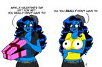 5_fingers anthro arm_tuft arm_under_breasts beak beanie belt belt_buckle bent_arm big_breasts black_bottomwear black_clothing black_eyebrows black_hair black_jacket black_pants black_topwear blue_beak blue_belt blue_clothing blue_crop_top blue_eyebrows blue_eyes blue_hair blue_shirt blue_topwear bottomwear box breasts buckle cleavage clothed clothed_anthro clothed_female clothing container crop_top dialogue elbow_tuft eyebrow_through_hair eyebrows eyelashes female female_anthro fingers frown fully_clothed fully_clothed_anthro fully_clothed_female gift gift_box grey_beanie grey_clothing grey_hat grey_headwear hair hat headgear headwear holding_gift holding_object holidays jacket logo long_hair looking_at_breasts looking_at_own_breasts looking_at_self midriff non-mammal_breasts open_beak open_clothing open_frown open_jacket open_mouth open_smile open_topwear pants pockets red_tongue shirt simple_background smile solo standing t-shirt text tongue topwear translucent translucent_hair tuft white_background yellow_clothing yellow_shirt yellow_t-shirt yellow_topwear noncomposmentisstuff bulging_smiley_shirt_meme valentine's_day tessa_(noncomposmentisstuff) avian bird 2025 absurd_res artist_logo digital_drawing_(artwork) digital_media_(artwork) english_description english_text flat_colors hi_res multiple_scenes