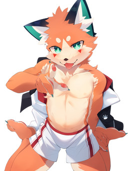 5_fingers anthro blush bottomwear cheek_tuft chest_tuft claws clothed clothing facial_tuft finger_claws fingers fur green_eyes head_tuft inner_ear_fluff jacket kemono kneeling looking_at_viewer male orange_body orange_fur pawpads pink_pawpads shorts simple_background solo tan_body tan_fur toe_claws topless topless_anthro topless_male topwear tuft white_background nekojita foxy_(nekojita) canid canine fox mammal 2022 3:4 hi_res shaded