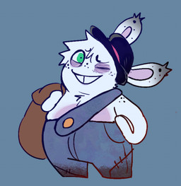anthro bent_arm black_clothing black_hat black_headwear blue_background blue_bottomwear blue_clothing blue_pants bottomwear button_(fastener) clothed clothed_anthro clothed_male clothing ear_tuft featureless_legs freckled_ears freckled_face freckled_shoulders freckles fur green_eyes hair hand_on_hip hand_on_own_hip hat headgear headwear holding_object light long_ears male male_anthro mitten_hands noseless one_eye_closed overweight overweight_anthro overweight_male pants pockets purple_eyelids purple_inner_ear shirtless_anthro shirtless_male short_hair simple_background smile smiling_at_another solo standing suspenders tan_body tan_skin teeth thin_eyebrows tired_eyes tooth_gap toothy_smile tuft white_body white_fur white_hair critterzone13 mario_plus_rabbids_sparks_of_hope nintendo raving_rabbids rayman_(series) ubisoft t.s._woodrow lagomorph mammal rabbid 2024 colored digital_drawing_(artwork) digital_media_(artwork) full-length_portrait lighting portrait