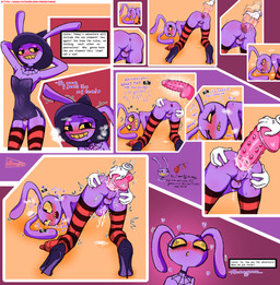 anal anal_penetration anal_toy anthro anus chastity_cage chastity_device clothed clothing crossdressing crossdressing_male dildo dildo_in_ass dildo_insertion disembodied_hand dress femboy feminization glowes long_ears male object_in_ass penetration purple_body purple_skin sex_toy sex_toy_in_ass sex_toy_insertion smile solo teeth yellow_eyes yellow_sclera hornyfudge glitch_productions the_amazing_digital_circus jax_(tadc) lagomorph leporid mammal rabbit absurd_res comic hi_res