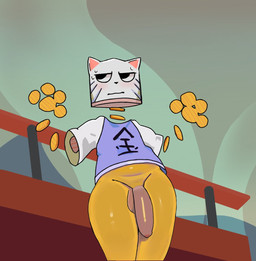 anthro asian_clothing balls belly big_penis bodily_fluids clothing coin disembodied_hand east_asian_clothing embarrassed flaccid genitals japanese_clothing looking_away male penis solo sweat sweatdrop text thick_thighs whiskers white_body yellow_body tamdagoat ena:_dream_bbq ena_(series) kane_(ena) domestic_cat felid feline felis mammal 2025 hi_res japanese_text