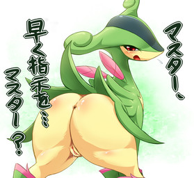 anus big_butt black_body black_skin blush bodily_fluids butt butt_focus ellipsis eyelashes female feral genital_fluids genitals glistening green_body green_skin japanese looking_at_viewer looking_back master nude open_mouth ownership presenting presenting_hindquarters presenting_vulva question question_mark rear_view red_eyes shadow simple_background solo spread_legs spreading tan_body tan_skin text tongue vaginal_fluids vulva white_background third-party_edit ukan_muri nintendo pokemon generation_5_pokemon legendary_pokemon pokemon_(species) virizion japanese_text translated
